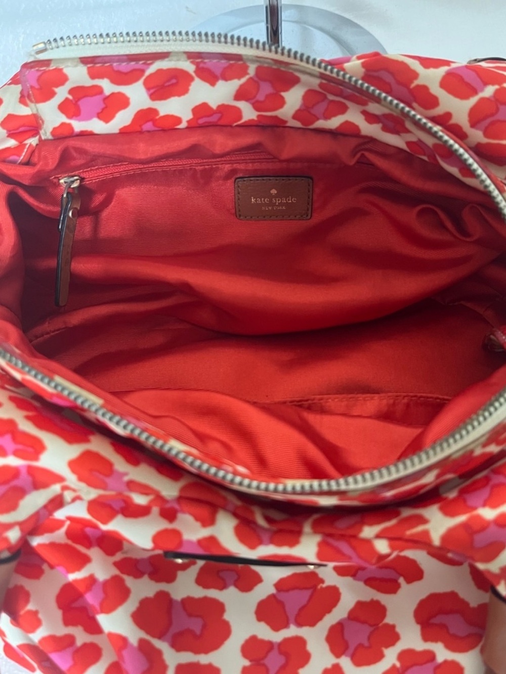 Kate Spade “Into the Wild” Red & Pink Nylon animal print Hobo Slouch bag - Picture 6 of 9